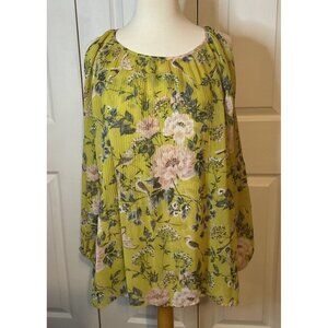Soho New York & Company Semi Sheer Green Cold Shoulder Birds Floral‎ Top Small